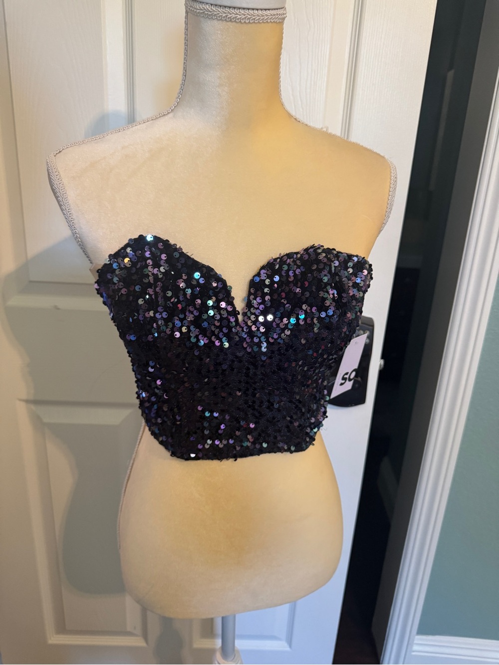 NWT Black Iridescent Sequin Strapless Bustier Crop Top